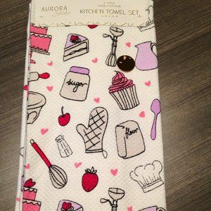 NWT Baking motif Kitchen Towel Set of 2. Mitt, Whisk, Flour, Chef Hat, Cake